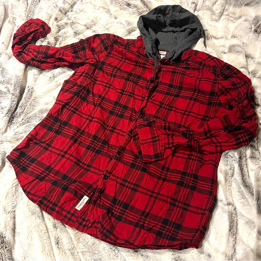 American Eagle Outfitters Red and Gray Plaid Hooded Shirt